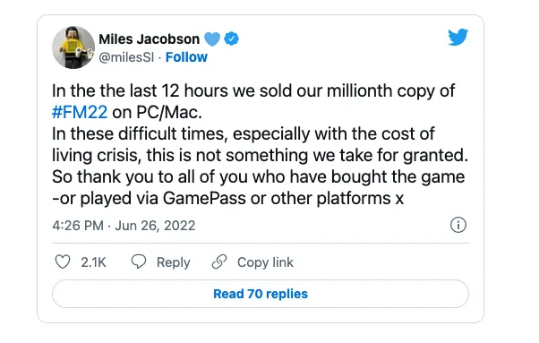 Football Manager 2022 sales over one million copies on PC